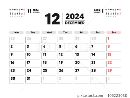 Calendar for December 2024 - Monthly calendar starting on Monday - 3 months, no holidays, A version Calendar for December 2024 - Monthly calendar starting on Monday - 3 months, no holidays, A version 106223088