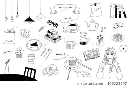 Fashionable hand-drawn book and girl cafe illustration vector 106223297