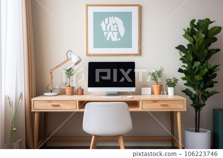 A Photo of a minimalistic computer desk setup with a laptop, monitor, and a single motivational quote print. Generative AI 106223746