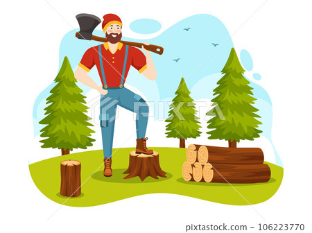 Men Chopping Wood and Cutting Tree with Lumberjack Work Equipment Machinery or chainsaw in Flat Cartoon Background Templates Vector Illustration 106223770