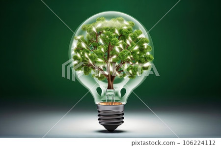Light bulb full of green leaves and tree on dark green background 106224112