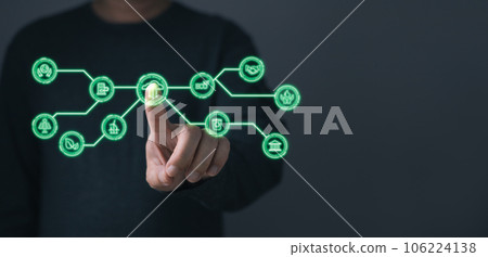 hand touch hologram screen to save energy,and reduce global warming,sustainable business investments,carbon credit,eco-friendly investment,ESG for Environment Social and Governance. hand touch hologram screen to save energy,and reduce global warming,sustainable business investments,carbon credit,eco-friendly investment,ESG for Environment Social and Governance. 106224138