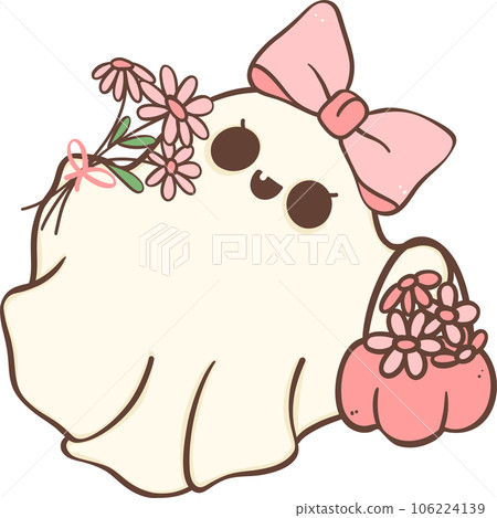 Cute Pink Halloween ghost girl with flower cartoon doodle Cute Pink Halloween ghost girl with flower cartoon doodle 106224139