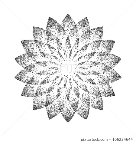 Stipple flower background. Dotted ornament mandala. Noise grain shape. Abstract black floral petals decoration. Radial dotwork pattern design for tattoo, poster, clothes, badge, sticker. Vector Stipple flower background. Dotted ornament mandala. Noise grain shape. Abstract black floral petals decoration. Radial dotwork pattern design for tattoo, poster, clothes, badge, sticker. Vector 106224644