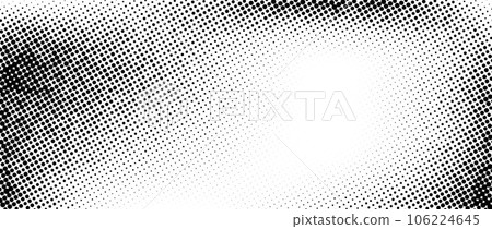 Dotted halftone faded wavy gradient texture. Grunge dirty speckles and spots background. Black and white sand grain wallpaper. Retro random pixelated comic. Vector gritty backdrop 106224645