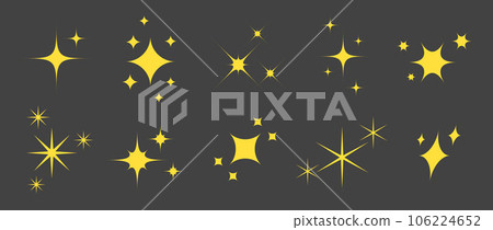 Gold sparkles and stars collection. Yellow twinkles and sparks collection. Christmas and New Year decoration elements. Vector illustration 106224652