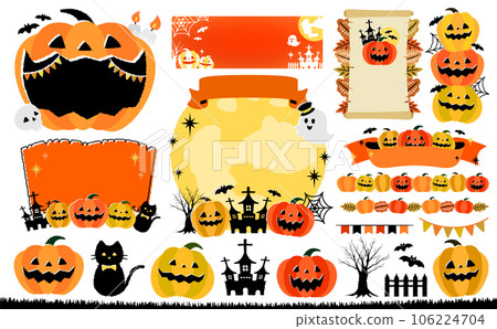 Autumn Fashionable Hand Drawn Pumpkin Halloween / Halloween Pumpkin Vector Frame and Illustration Material Set 106224704