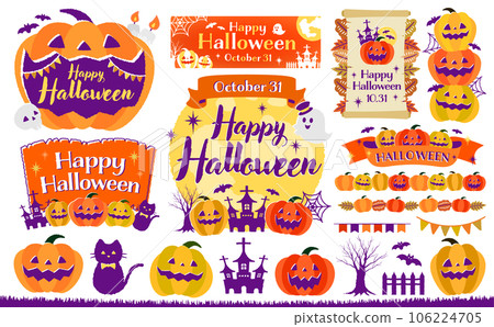 Autumn Fashionable Hand Drawn Pumpkin Halloween / Halloween Pumpkin Vector Frame and Illustration Material Set 106224705