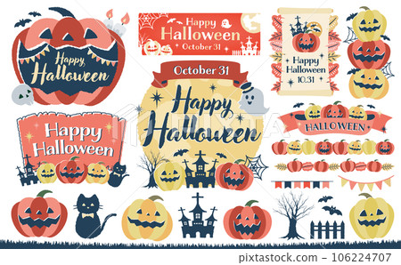 Autumn Fashionable Hand Drawn Pumpkin Halloween / Halloween Pumpkin Vector Frame and Illustration Material Set 106224707