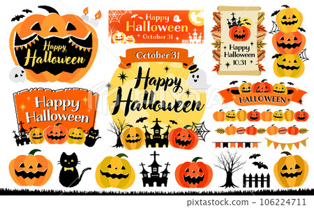 Autumn Fashionable Hand Drawn Pumpkin Halloween / Halloween Pumpkin Vector Frame and Illustration Material Set 106224711