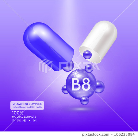 Vitamin B8 capsule. Treatment with vitamins complex collagen skincare beauty. Health supplement anti aging. Cosmetic beauty product design. 3D Realistic on purple background. Vector EPS10. 106225094