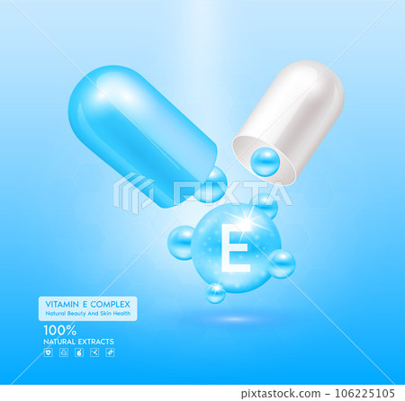 Vitamin E blue capsule. Treatment with vitamins complex collagen skincare beauty. Health supplement anti aging. Cosmetic beauty product design. 3D Realistic on blue background. Vector EPS10. Vitamin E blue capsule. Treatment with vitamins complex collagen skincare beauty. Health supplement anti aging. Cosmetic beauty product design. 3D Realistic on blue background. Vector EPS10. 106225105