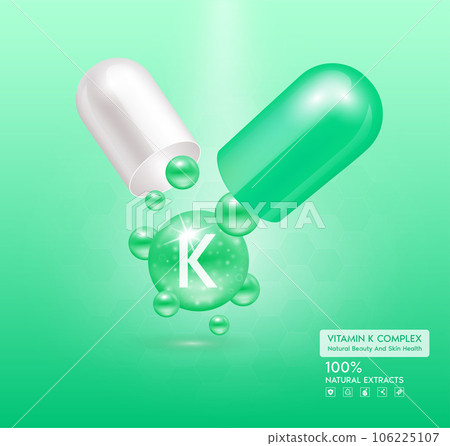 Vitamin K green capsule. Treatment with vitamins complex collagen skincare beauty. Health supplement anti aging. Cosmetic beauty product design. 3D Realistic on green background. Vector EPS10. 106225107