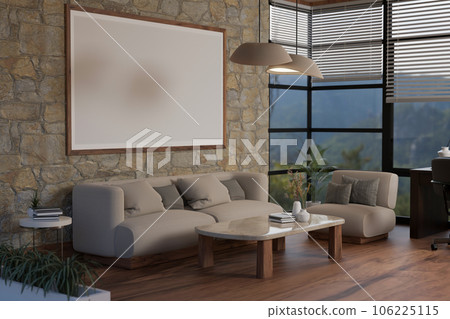 Mid-century Modern living room interior with a comfortable couch against a stone wall 106225115
