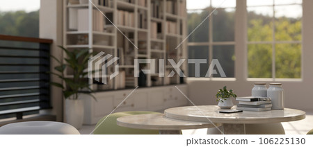 Close-up image of copy space on a table in a minimal Scandinavian white living room 106225130