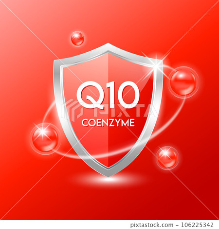 Coenzyme Q10 shield with red atom. Protect the body stay healthy. For nutrition products food. Medical scientific concepts. Vector illustration. Coenzyme Q10 shield with red atom. Protect the body stay healthy. For nutrition products food. Medical scientific concepts. Vector illustration. 106225342