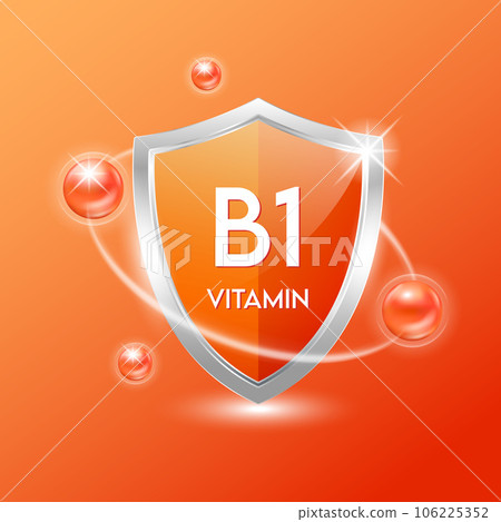 Vitamin B1 shield with orange atom. Protect the body stay healthy. For nutrition products food. Medical scientific concepts. Vector illustration. 106225352