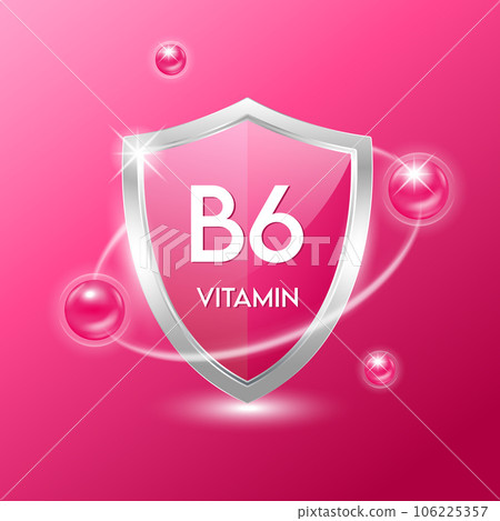 Vitamin B6 shield with red atom. Protect the body stay healthy. For nutrition products food. Medical scientific concepts. Vector illustration. 106225357