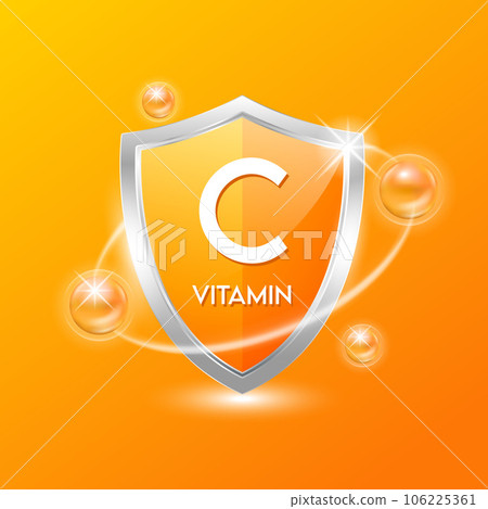 Vitamin C shield with orange atom. Protect the body stay healthy. For nutrition products food. Medical scientific concepts. Vector illustration. 106225361