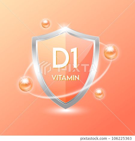 Vitamin D1 shield with orange atom. Protect the body stay healthy. For nutrition products food. Medical scientific concepts. Vector illustration. Vitamin D1 shield with orange atom. Protect the body stay healthy. For nutrition products food. Medical scientific concepts. Vector illustration. 106225363