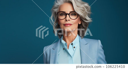 Serious middle aged Caucasian business woman in eyeglasses standing over blue background. Serious middle aged Caucasian business woman in eyeglasses standing over blue background. 106225410