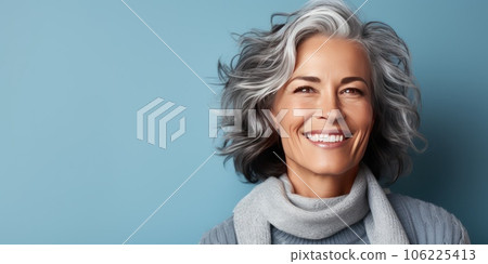 Psychology portrait of a smiling beautiful Scandinavian woman in her 55 years old. 106225413