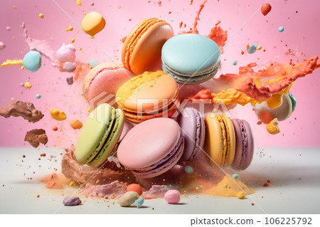 Multicolored French macarons in a color explosion on light background Multicolored French macarons in a color explosion on light background 106225792
