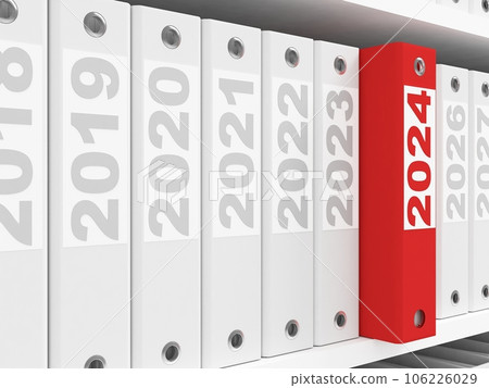 Office folders on the shelves. New Year 2024 concept. 3d rendering Office folders on the shelves. New Year 2024 concept. 3d rendering 106226029
