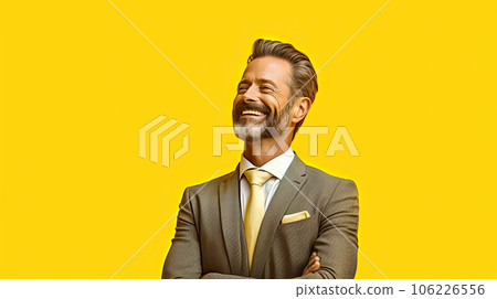 Photo of attractive emotional man friendly smile good mood wear office shirt isolated yellow color background Photo of attractive emotional man friendly smile good mood wear office shirt isolated yellow color background 106226556