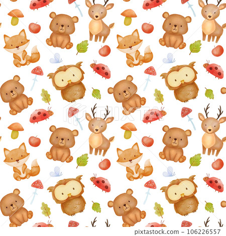 Seamless watercolor pattern with cute forest characters. Bear, owl and deer on white background Seamless watercolor pattern with cute forest characters. Bear, owl and deer on white background 106226557