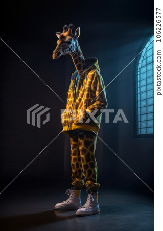 Quirky giraffe in a surreal outfit of jacket and pants, a bizarre and unusual sight in the wildlife. This humorous image merges fashion and nature, creating an anthropomorphic scene. Is AI Generative. 106226577