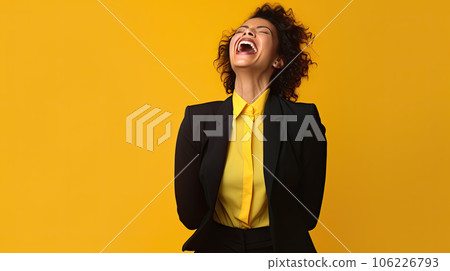 Emotional Photo of attractive charming lady friendly smile good mood wear blue office shirt isolated yellow color background Emotional Photo of attractive charming lady friendly smile good mood wear blue office shirt isolated yellow color background 106226793