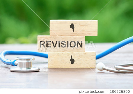 REVISION text on wooden blocks on a green background 106226800