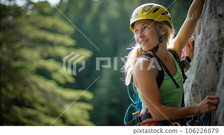Adult female rock climber on vertical flat wall with poor relief - side view, close-up. 106226879