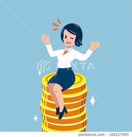 Vector cartoon business concept businesswoman with big coin stack 106227045