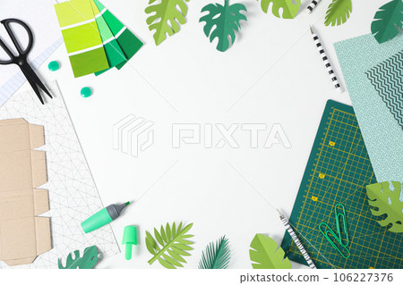 Patchwork accessories concept on white background, cutting mat Patchwork accessories concept on white background, cutting mat 106227376