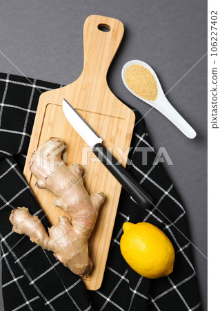 Seasoning and spices concept - ginger, homemade seasoning 106227402