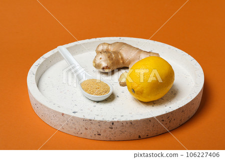 Seasoning and spices concept - ginger, homemade seasoning 106227406