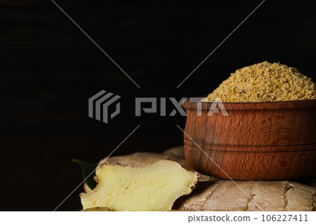 Seasoning and spices concept - ginger, homemade seasoning Seasoning and spices concept - ginger, homemade seasoning 106227411