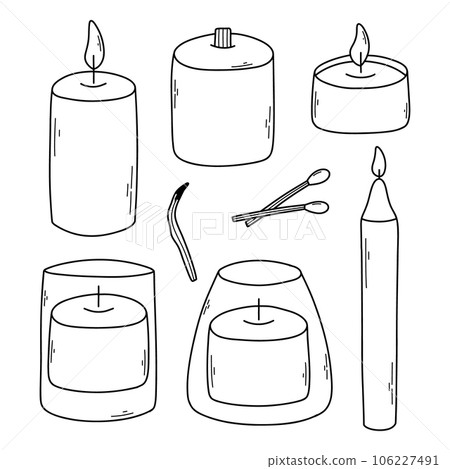Set of scented candles isolated on white background. Vector illustration. Collection of wax candles in doodle style. Set of scented candles isolated on white background. Vector illustration. Collection of wax candles in doodle style. 106227491
