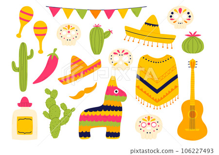 Set of mexican elements of skulls, pinato, sambrero, cacti isolated on white background. Vector illustration. Hand drawn collection of mexican elements. Set of mexican elements of skulls, pinato, sambrero, cacti isolated on white background. Vector illustration. Hand drawn collection of mexican elements. 106227493