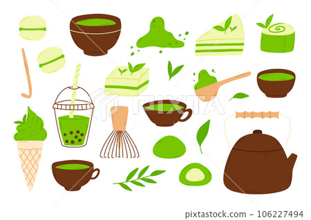 Matcha tea. Mug with matcha and green tea leaves. Vector illustration. Natural green tea. Green tea set. Matcha collection. Matcha tea. Mug with matcha and green tea leaves. Vector illustration. Natural green tea. Green tea set. Matcha collection. 106227494