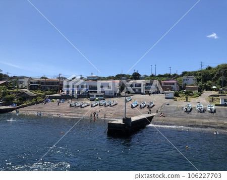 Hatsushima, the first fishing port on Hatsushima seen from the sea Hatsushima, the first fishing port on Hatsushima seen from the sea 106227703