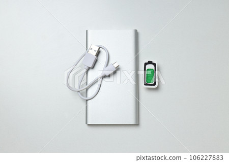 Powerbank and cord on white background, top view 106227883