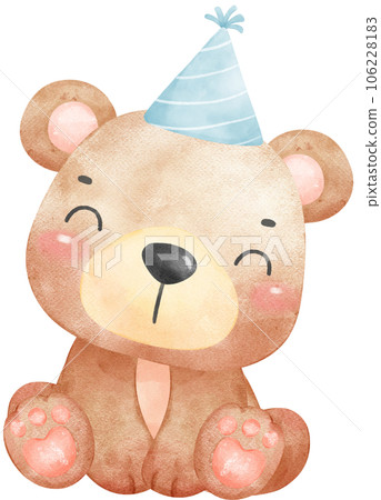 Cute birthday bear with blue party hat cartoon watercolour illustration Cute birthday bear with blue party hat cartoon watercolour illustration 106228183