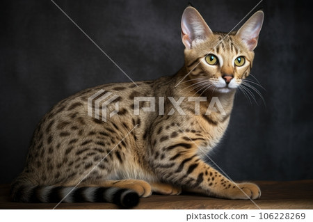 Portrait of a cute cat looking away. Savannah cat breed. Generative AI 106228269