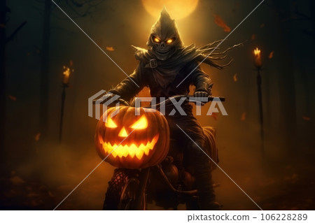 A spooky monster horseman with Halloween pumpkin riding horse A spooky monster horseman with Halloween pumpkin riding horse 106228289