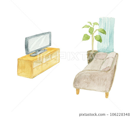 Illustration of a living room drawn with watercolors 106228348