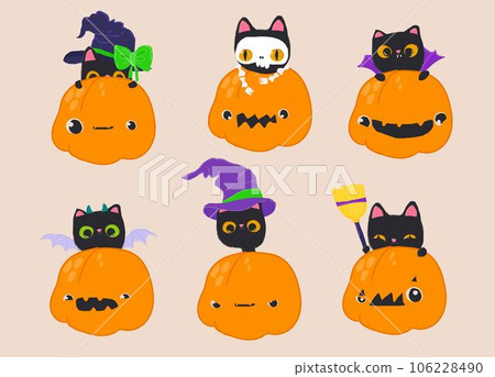 Cartoon Set with Funny Cats wearing Halloween Costumes and sitting in Pumpkins 106228490