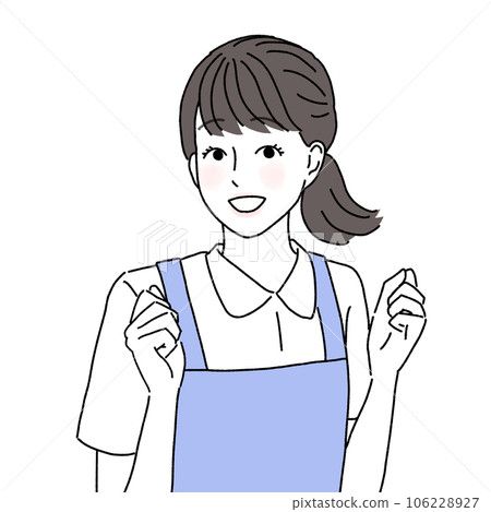A woman in a light blue apron who smiles and makes a guts pose with both hands A woman in a light blue apron who smiles and makes a guts pose with both hands 106228927